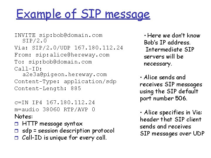 Example of SIP message INVITE sip: bob@domain. com SIP/2. 0 Via: SIP/2. 0/UDP 167.