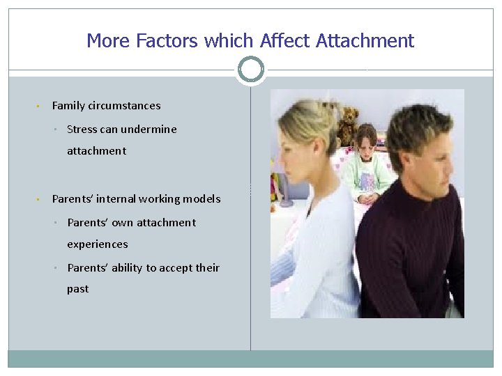 More Factors which Affect Attachment • Family circumstances • Stress can undermine attachment •