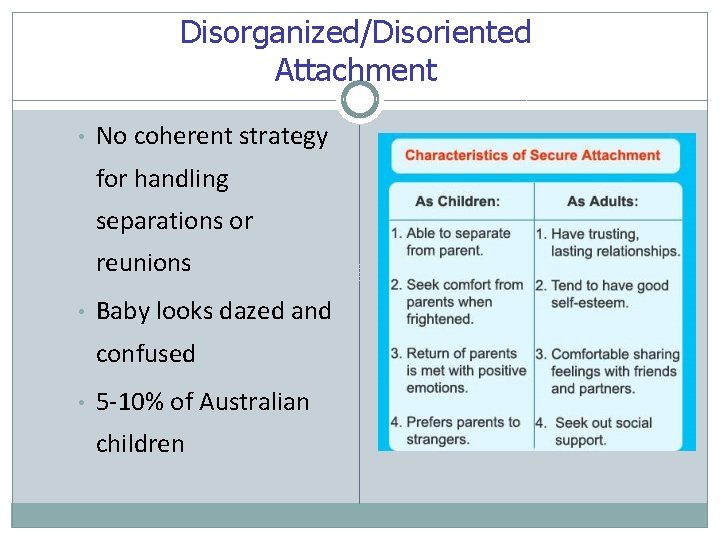 Disorganized/Disoriented Attachment • No coherent strategy for handling separations or reunions • Baby looks