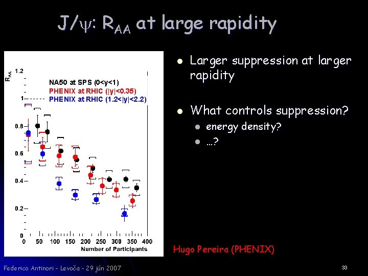 J/y: RAA at large rapidity l NA 50 at SPS (0<y<1) PHENIX at RHIC