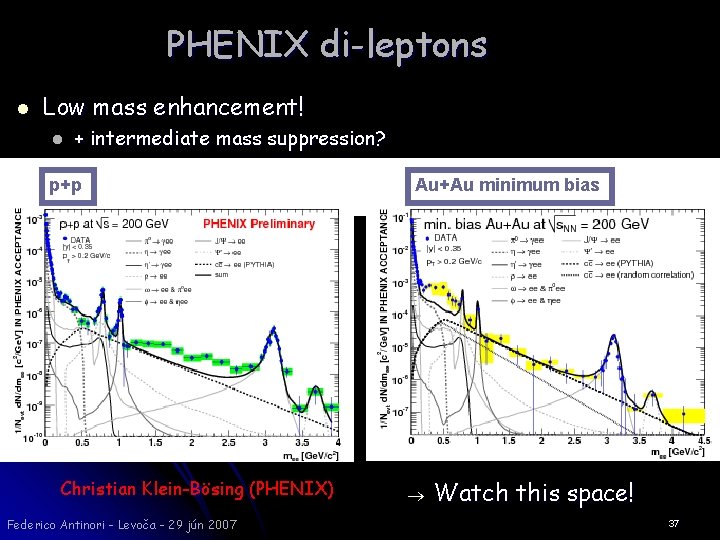 PHENIX di-leptons l Low mass enhancement! l + intermediate mass suppression? p+p Christian Klein-Bösing
