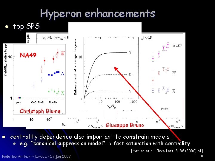 Hyperon enhancements l top SPS NA 57 NA 49 Christoph Blume Giuseppe Bruno l