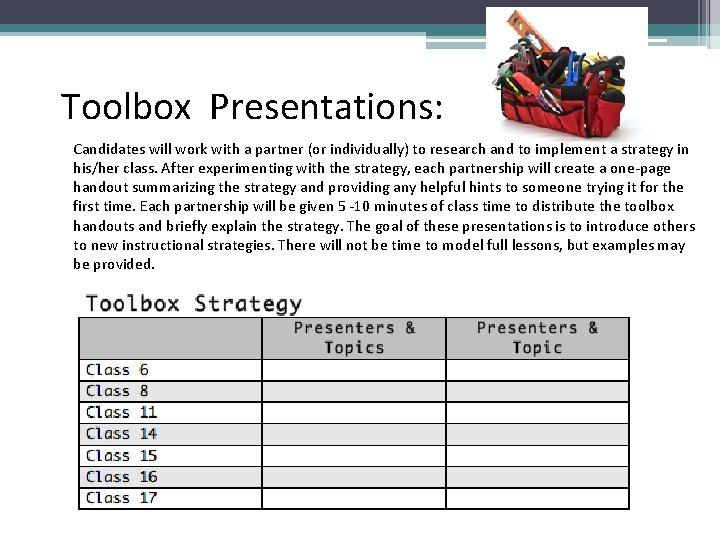 Toolbox Presentations: Candidates will work with a partner (or individually) to research and to
