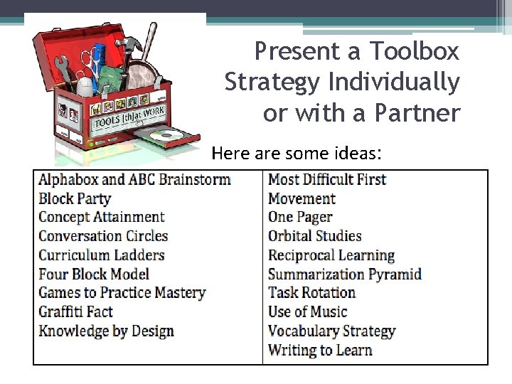 Present a Toolbox Strategy Individually or with a Partner Here are some ideas: 