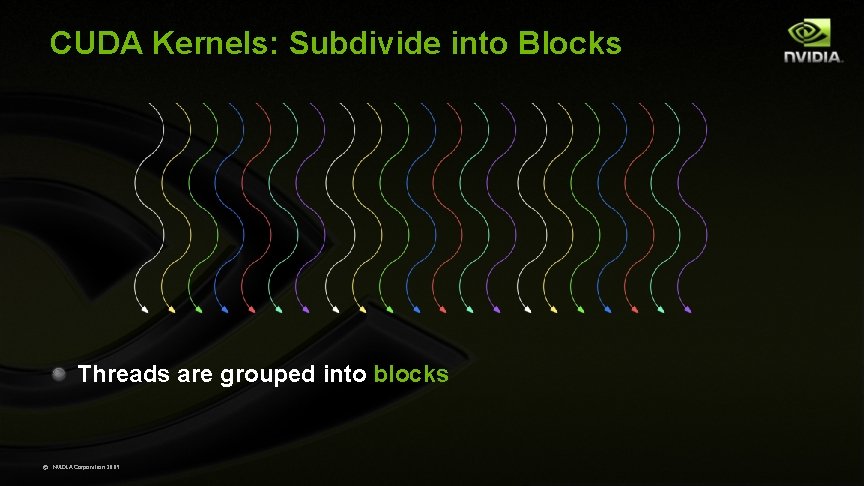 CUDA Kernels: Subdivide into Blocks Threads are grouped into blocks © NVIDIA Corporation 2009