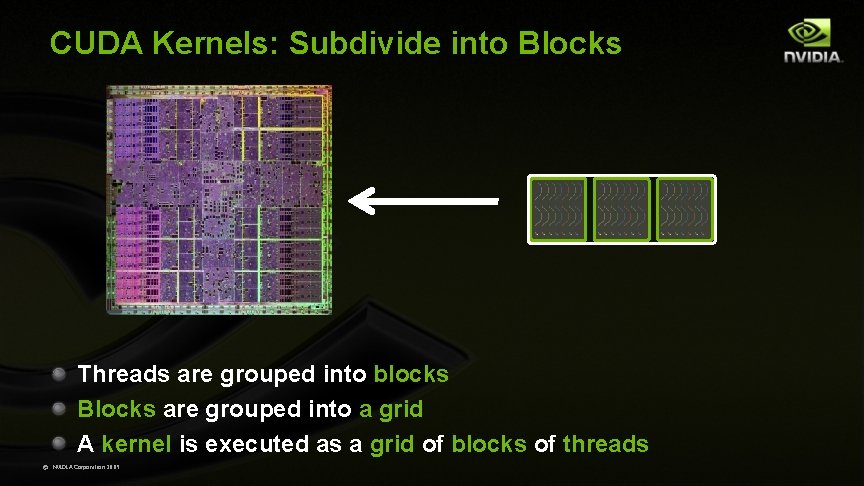 CUDA Kernels: Subdivide into Blocks Threads are grouped into blocks Blocks are grouped into