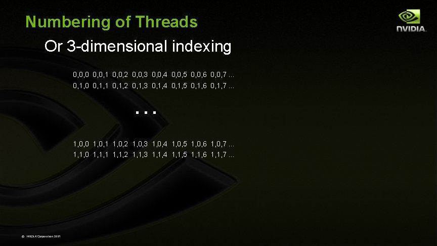 Numbering of Threads Or 3 -dimensional indexing 0, 0, 0, 1 0, 0, 2
