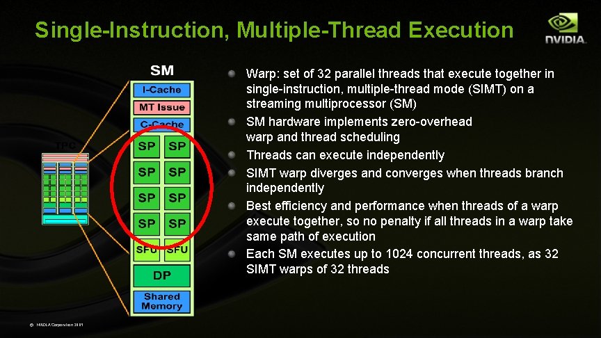 Single-Instruction, Multiple-Thread Execution Warp: set of 32 parallel threads that execute together in single-instruction,