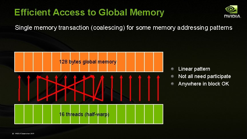 Efficient Access to Global Memory Single memory transaction (coalescing) for some memory addressing patterns