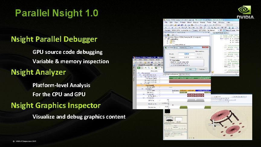 Parallel Nsight 1. 0 Nsight Parallel Debugger GPU source code debugging Variable & memory