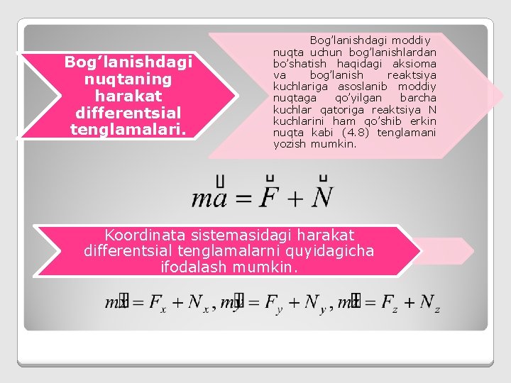 Bog’lanishdagi nuqtaning harakat differentsial tenglamalari. Bog’lanishdagi moddiy nuqta uchun bog’lanishlardan bo’shatish haqidagi aksioma va