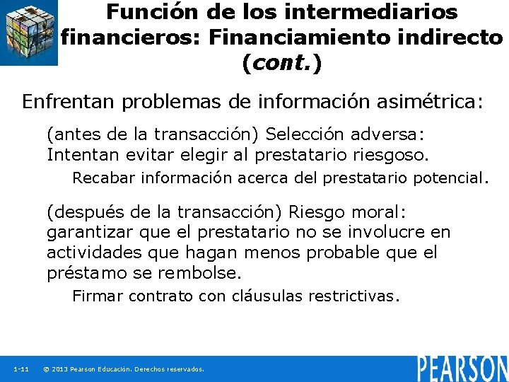 Función de los intermediarios financieros: Financiamiento indirecto (cont. ) Enfrentan problemas de información asimétrica: