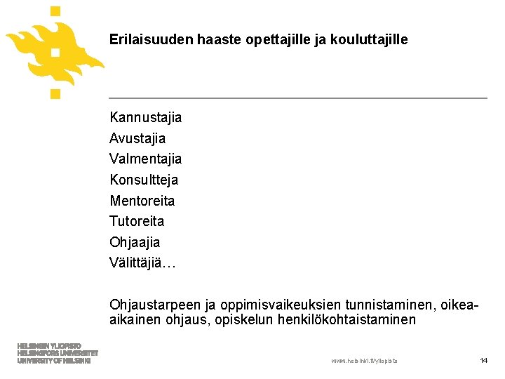 Erilaisuuden haaste opettajille ja kouluttajille Kannustajia Avustajia Valmentajia Konsultteja Mentoreita Tutoreita Ohjaajia Välittäjiä… Ohjaustarpeen