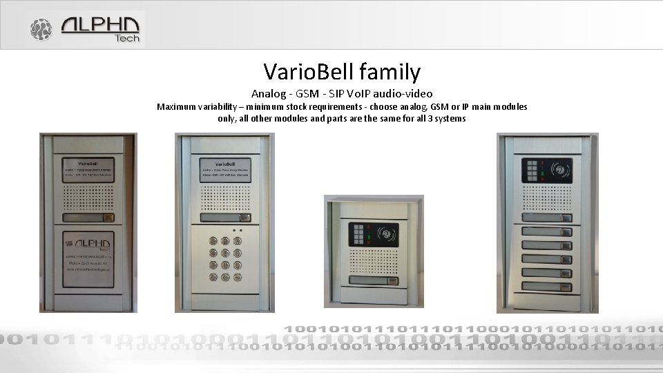Vario. Bell family Analog - GSM - SIP Vo. IP audio-video Maximum variability –