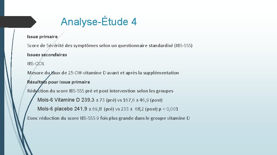 Analyse-Étude 4 Issue primaire Score de Sévérité des symptômes selon un questionnaire standardisé (IBS-SSS) Analyse-Étude 4 Issue primaire Score de Sévérité des symptômes selon un questionnaire standardisé (IBS-SSS)