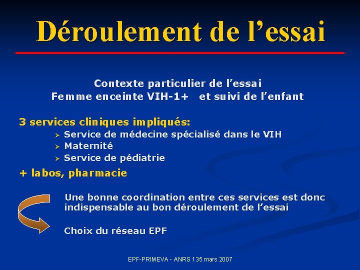 Déroulement de l’essai Contexte particulier de l’essai Femme enceinte VIH-1+ et suivi de l’enfant