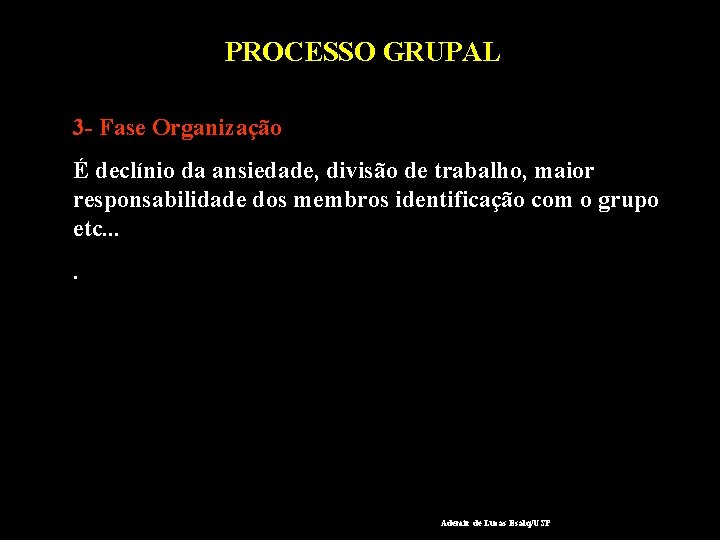 PROCESSO GRUPAL 3 - Fase Organização É declínio da ansiedade, divisão de trabalho, maior