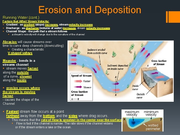 Erosion and Deposition Running Water (cont. ) Factors that Affect Stream Velocity: § Gradient