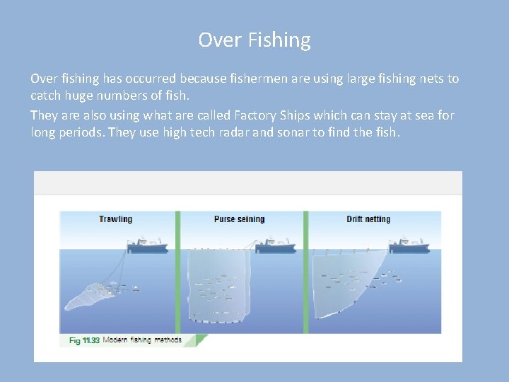 Over Fishing Over fishing has occurred because fishermen are using large fishing nets to