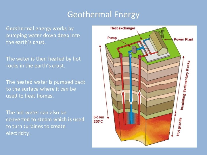 Geothermal Energy Geothermal energy works by pumping water down deep into the earth’s crust.