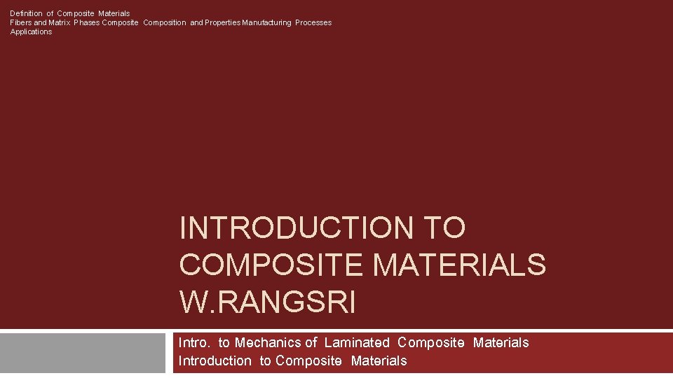 Definition of Composite Materials Fibers and Matrix Phases Composite Composition and Properties Manufacturing Processes