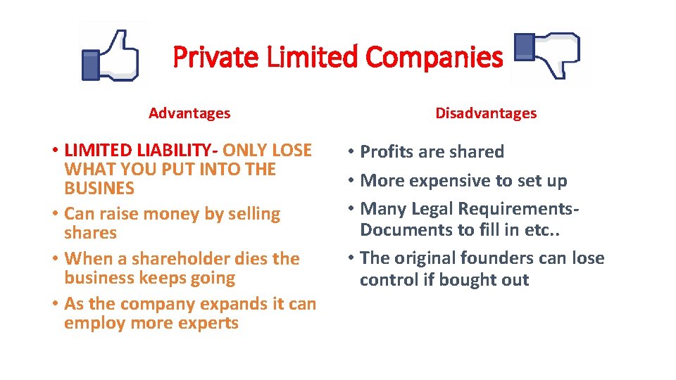 Private Limited Companies Advantages • LIMITED LIABILITY- ONLY LOSE WHAT YOU PUT INTO THE