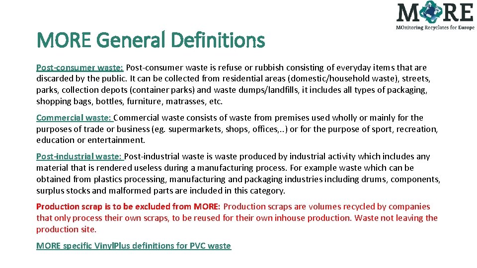 MORE General Definitions Post-consumer waste: Post-consumer waste is refuse or rubbish consisting of everyday