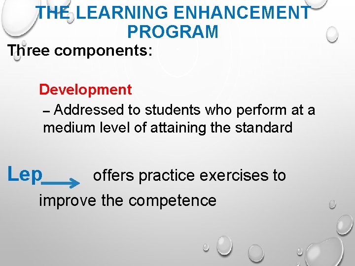 THE LEARNING ENHANCEMENT PROGRAM Three components: Development – Addressed to students who perform at