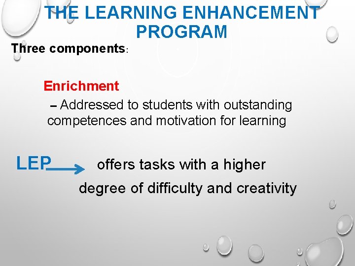 THE LEARNING ENHANCEMENT PROGRAM Three components: Enrichment – Addressed to students with outstanding competences