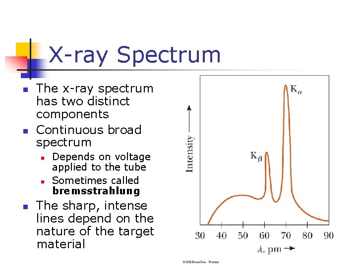 X-ray Spectrum n n The x-ray spectrum has two distinct components Continuous broad spectrum