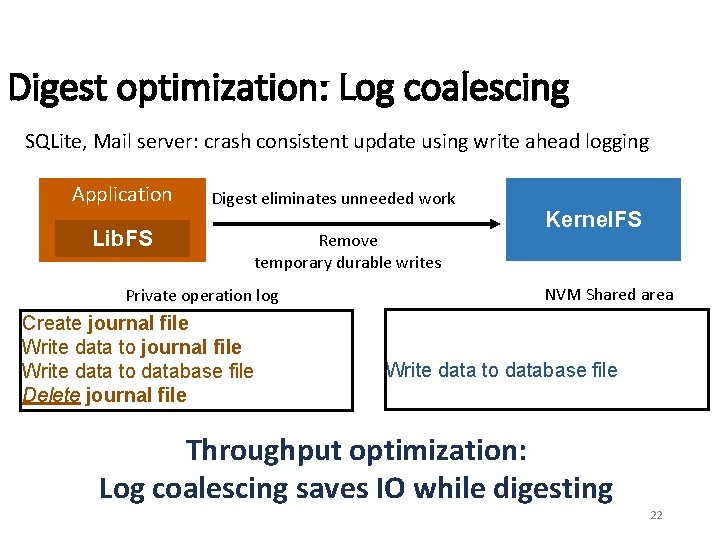 Digest optimization: Log coalescing SQLite, Mail server: crash consistent update using write ahead logging
