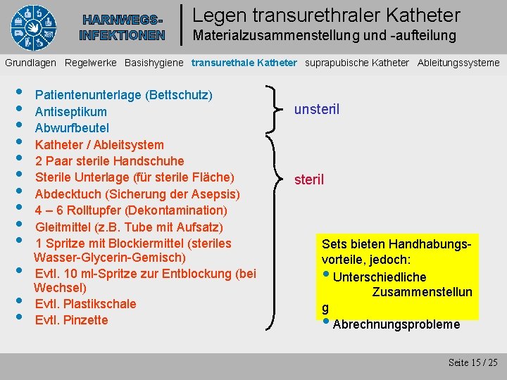 HARNWEGSINFEKTIONEN Legen transurethraler Katheter Materialzusammenstellung und -aufteilung Grundlagen Regelwerke Basishygiene transurethale Katheter suprapubische Katheter