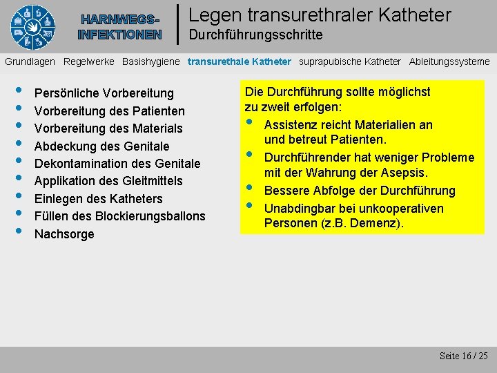 HARNWEGSINFEKTIONEN Legen transurethraler Katheter Durchführungsschritte Grundlagen Regelwerke Basishygiene transurethale Katheter suprapubische Katheter Ableitungssysteme •