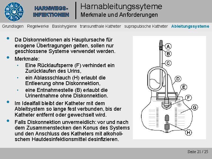 HARNWEGSINFEKTIONEN Harnableitungssyteme Merkmale und Anforderungen Grundlagen Regelwerke Basishygiene transurethale Katheter suprapubische Katheter Ableitungssysteme •