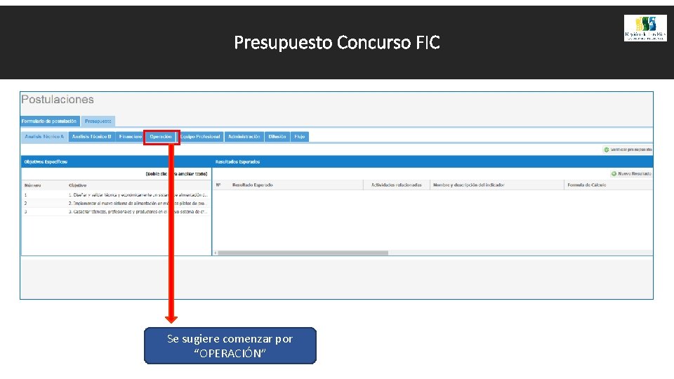 Presupuesto Concurso FIC Se sugiere comenzar por “OPERACIÓN” 