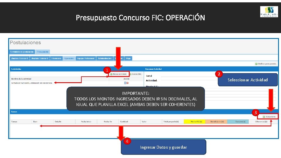 Presupuesto Concurso FIC: OPERACIÓN 1 2 Seleccionar Actividad IMPORTANTE: TODOS LOS MONTOS INGRESADOS DEBEN