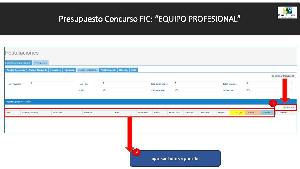 Presupuesto Concurso FIC: “EQUIPO PROFESIONAL” 1 2 Ingresar Datos y guardar 