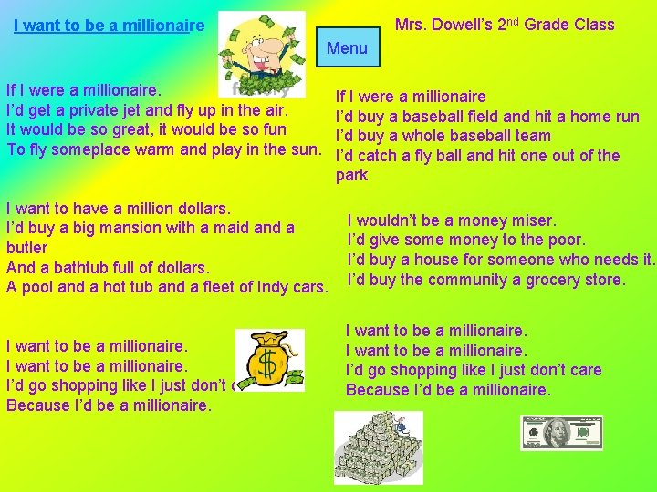 Mrs. Dowell’s 2 nd Grade Class I want to be a millionaire Menu If