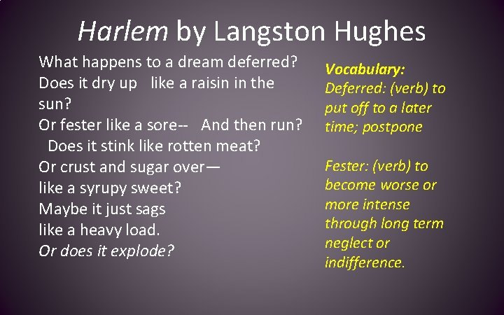Harlem by Langston Hughes What happens to a dream deferred? Does it dry up