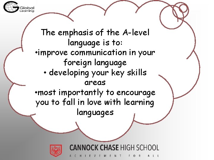 The emphasis of the A-level language is to: • improve communication in your foreign