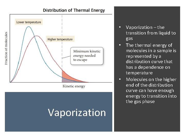  • Vaporization – the transition from liquid to gas • The thermal energy