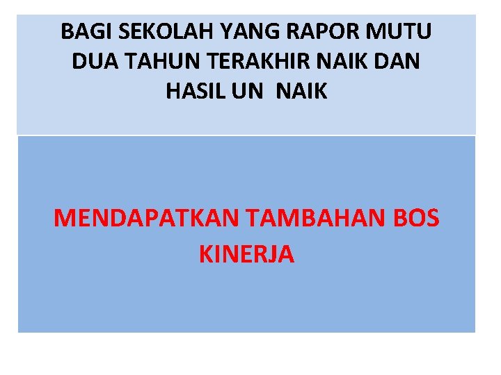BAGI SEKOLAH YANG RAPOR MUTU DUA TAHUN TERAKHIR NAIK DAN HASIL UN NAIK MENDAPATKAN