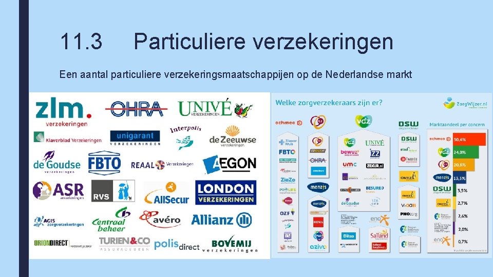11. 3 Particuliere verzekeringen Een aantal particuliere verzekeringsmaatschappijen op de Nederlandse markt 