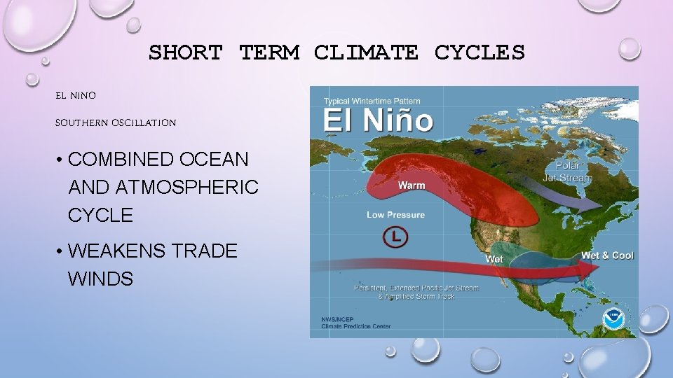 SHORT TERM CLIMATE CYCLES EL NINO SOUTHERN OSCILLATION • COMBINED OCEAN AND ATMOSPHERIC CYCLE