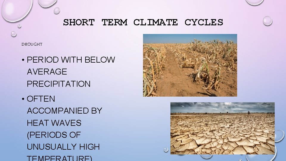 SHORT TERM CLIMATE CYCLES DROUGHT • PERIOD WITH BELOW AVERAGE PRECIPITATION • OFTEN ACCOMPANIED