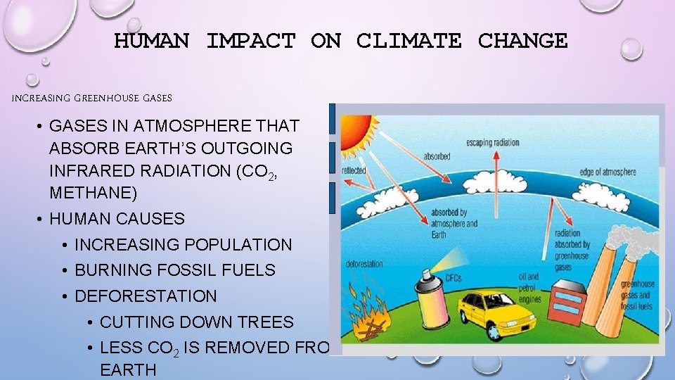 HUMAN IMPACT ON CLIMATE CHANGE INCREASING GREENHOUSE GASES • GASES IN ATMOSPHERE THAT ABSORB