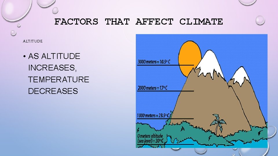 FACTORS THAT AFFECT CLIMATE ALTITUDE • AS ALTITUDE INCREASES, TEMPERATURE DECREASES 