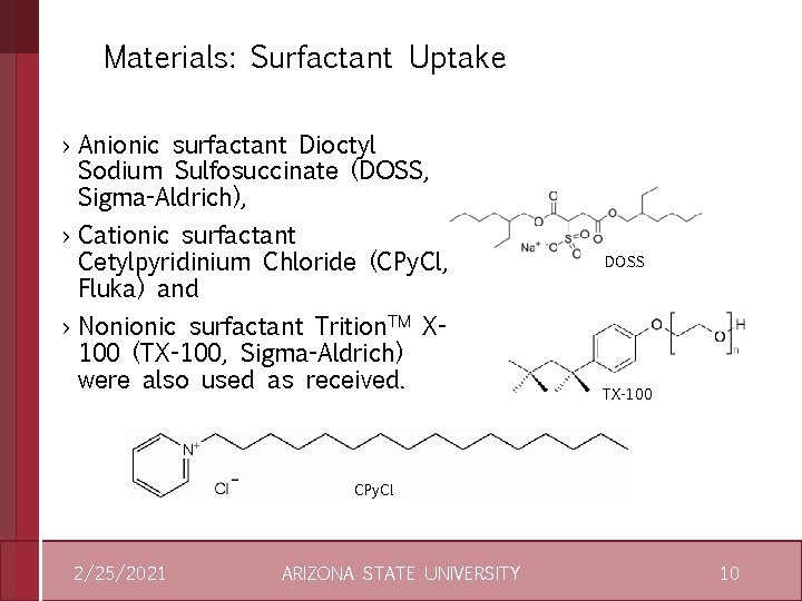 Materials: Surfactant Uptake › Anionic surfactant Dioctyl Sodium Sulfosuccinate (DOSS, Sigma-Aldrich), › Cationic surfactant