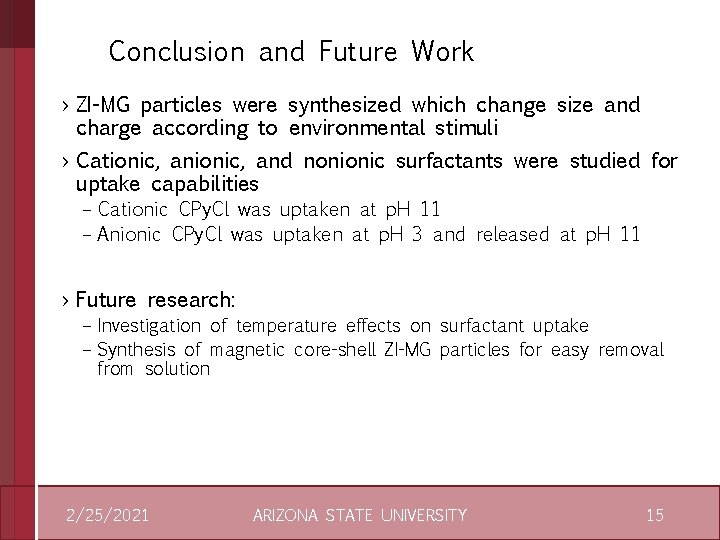 Conclusion and Future Work › ZI-MG particles were synthesized which change size and charge