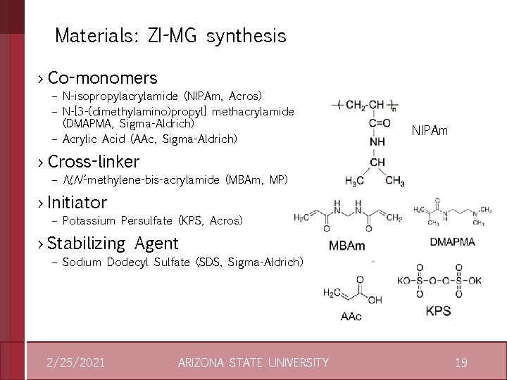 Materials: ZI-MG synthesis › Co-monomers – N-isopropylacrylamide (NIPAm, Acros) – N-[3 -(dimethylamino)propyl] methacrylamide (DMAPMA,